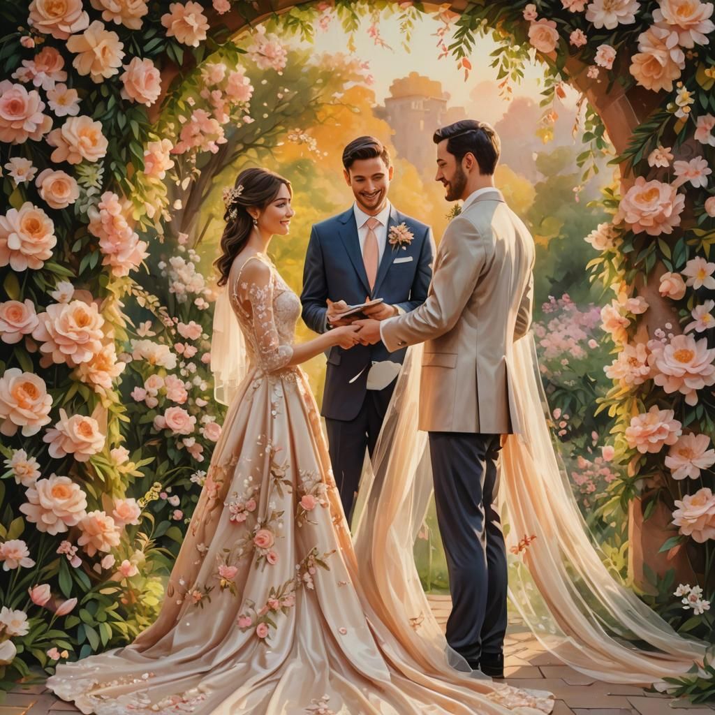 Bride and Groom Vows: Vibrant Oil Painting