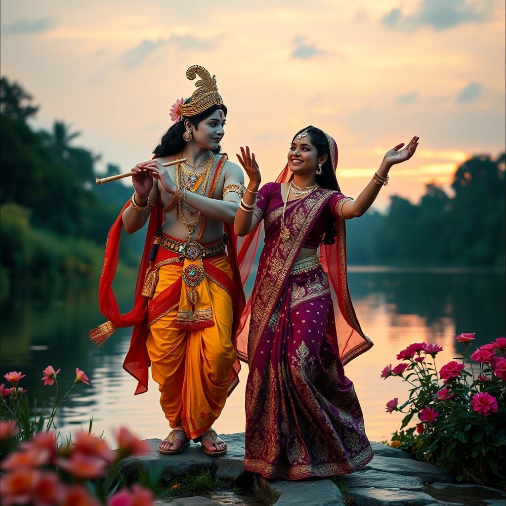 Lord Krishna and Radha Amidst Vibrant Floral Beauty