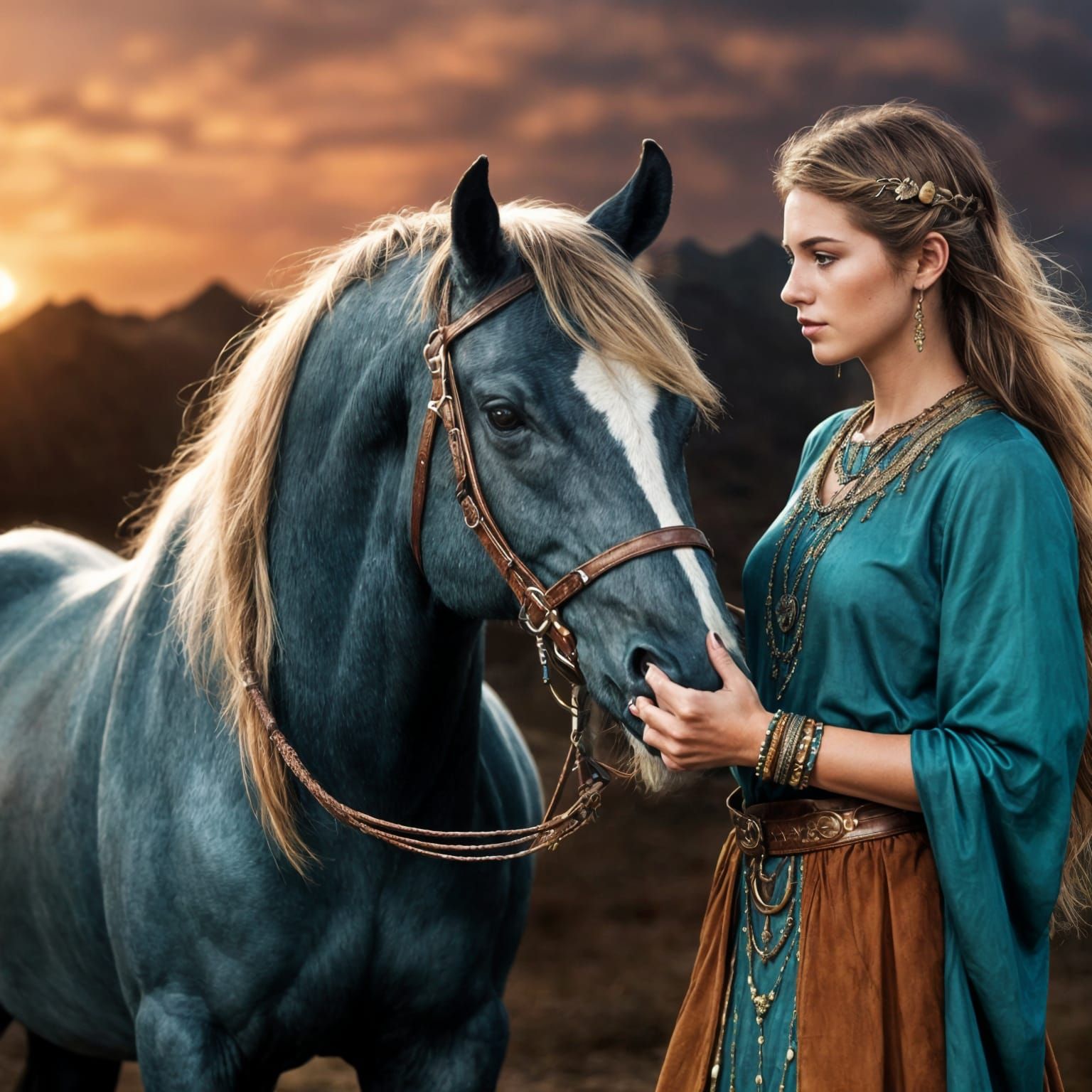 Woman and Grulla Horse in Digital Matte Painting