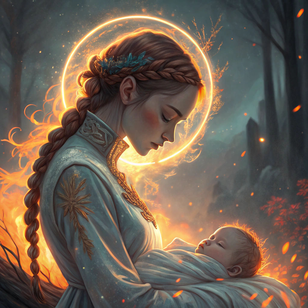 Cyberpunk Robot Girl with Fire Dress and Baby