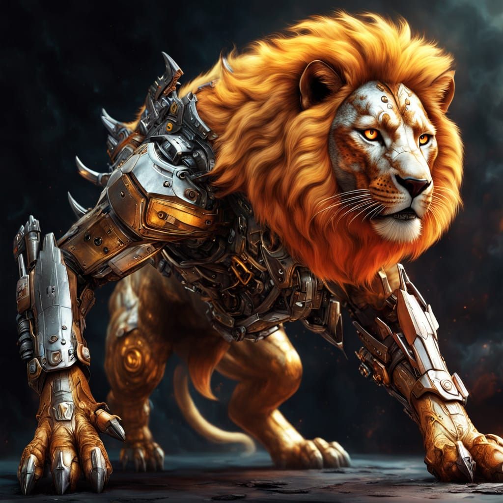 Fearsome Lion-Man Hybrid with Mechanical Arm