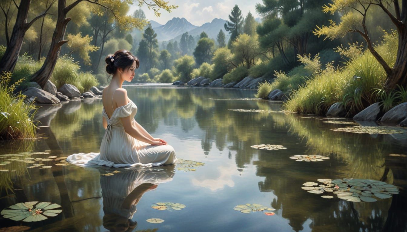 Meditative Figure in Dreamy Tea Lake: Watercolor Style