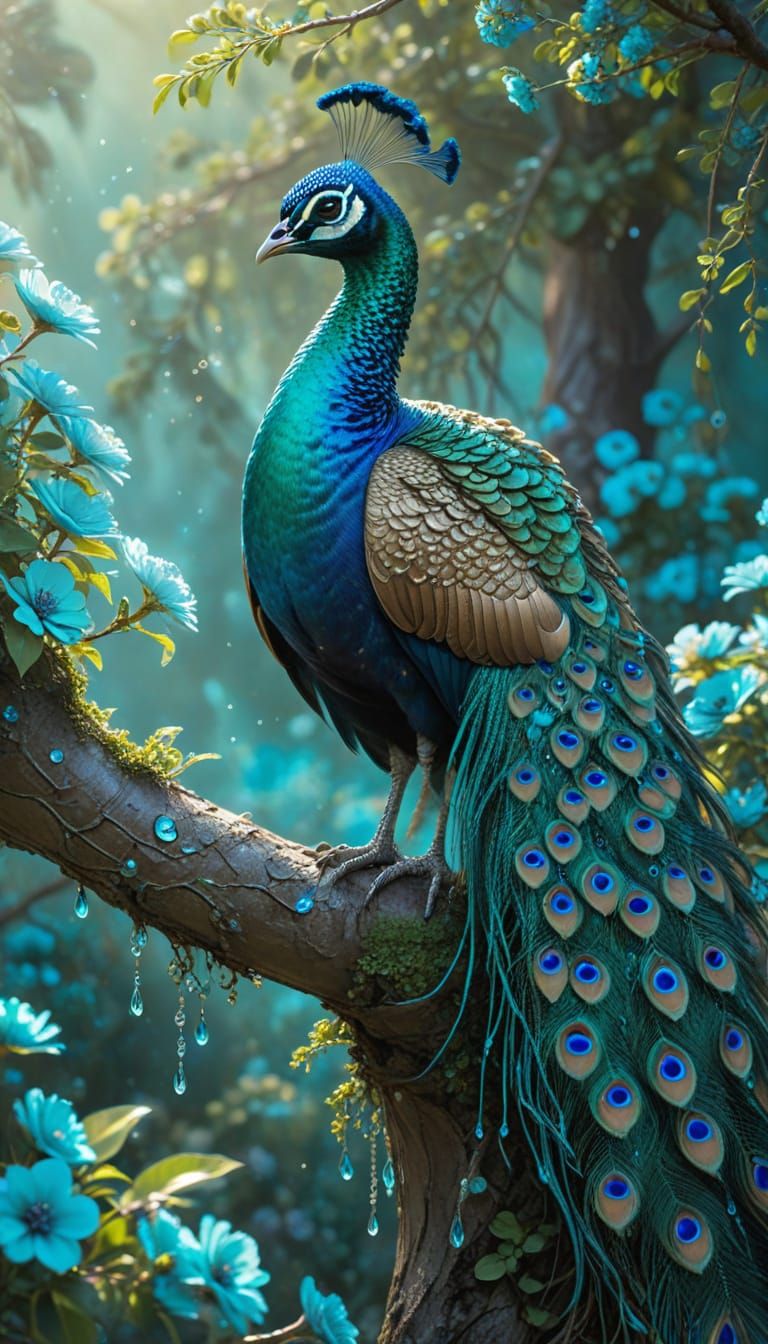 Iridescent Peacock in Turquoise Floral Landscape