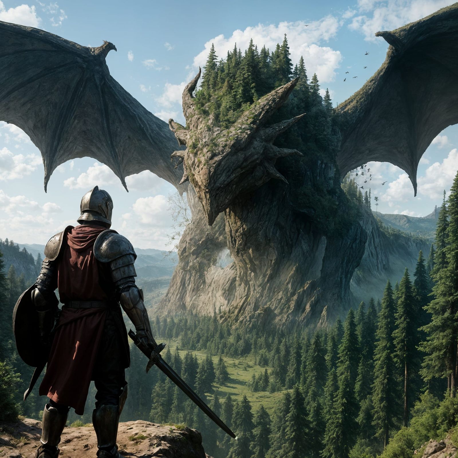 Knight Confronts Mountain-Sized Dragon in Fantasy Landscape