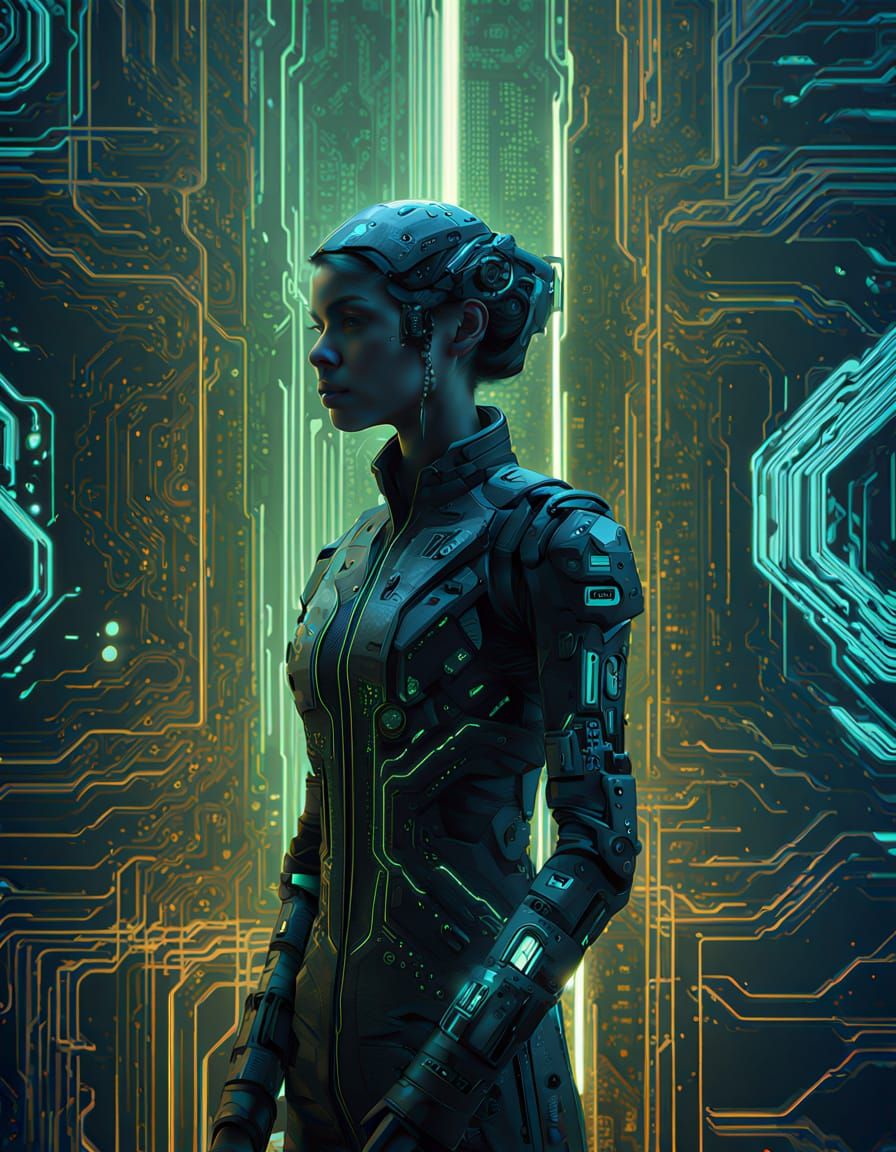 Woman Made of Code in Futuristic Digital Landscape