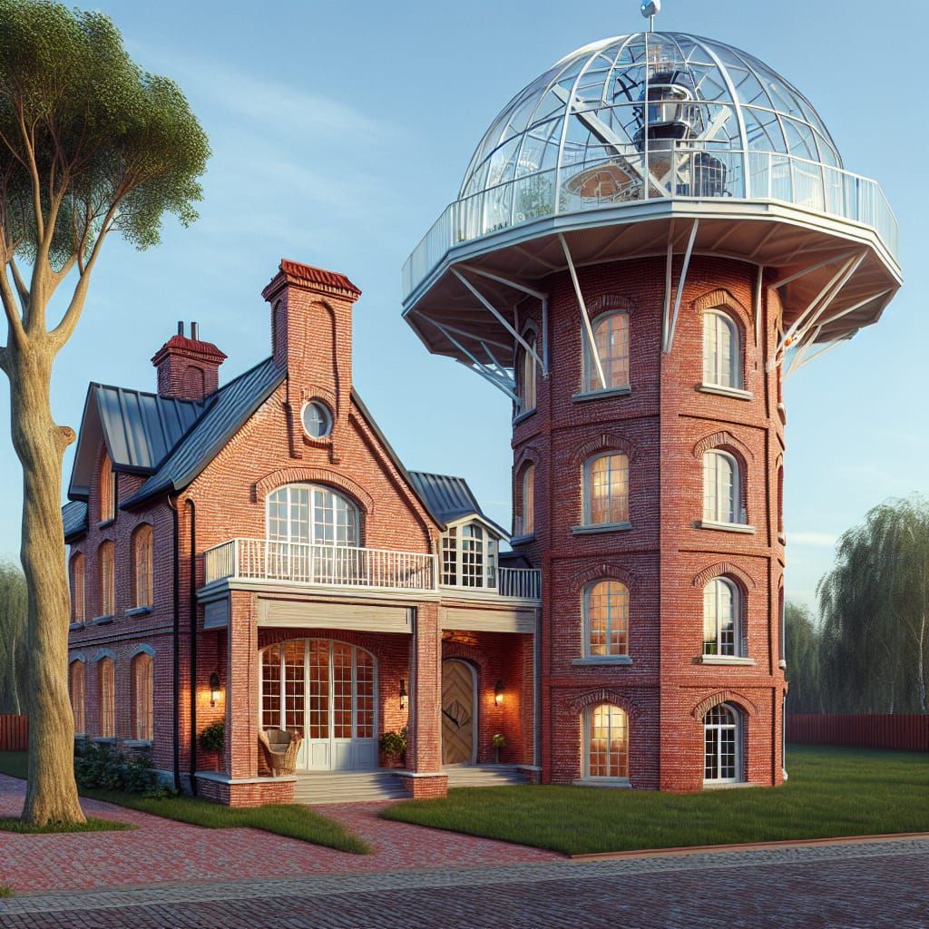 Modernized Red Brick Windmill with Glass Dome