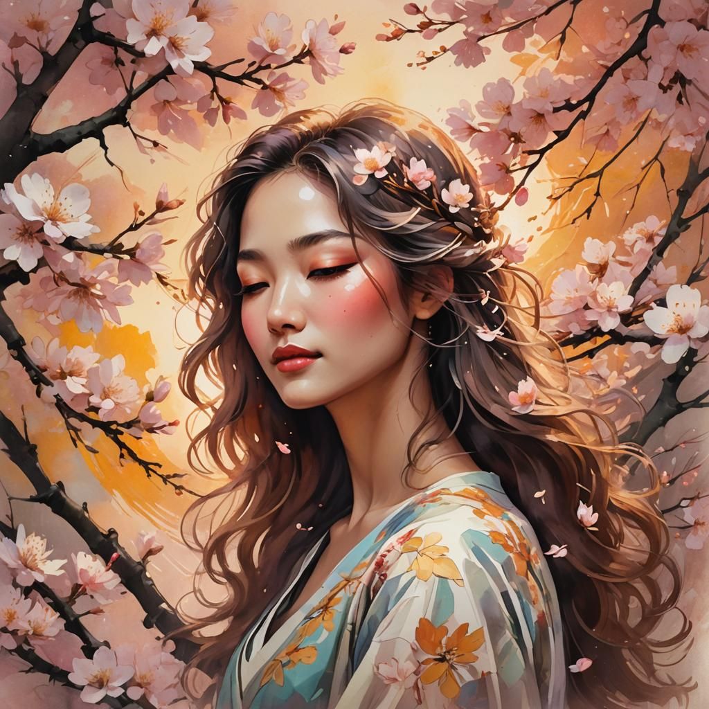 Ethereal Woman in Blossoms, Anime Digital Art