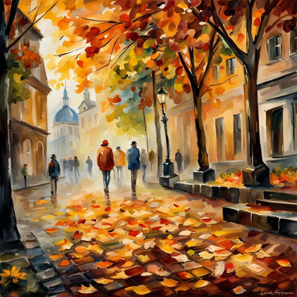 Lviv Autumn Scene in Watercolor Style