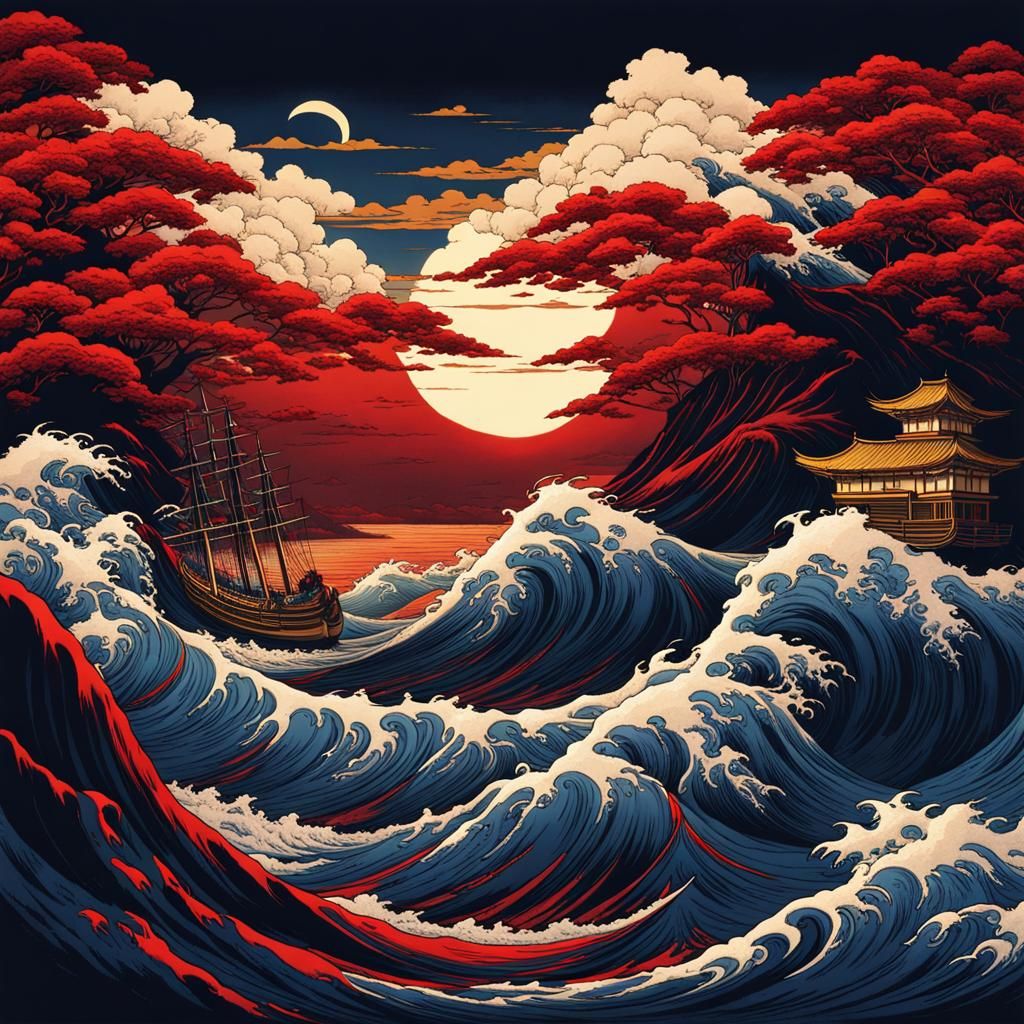 Turbulent Sea Under Dark Sky: Detailed Matte Painting