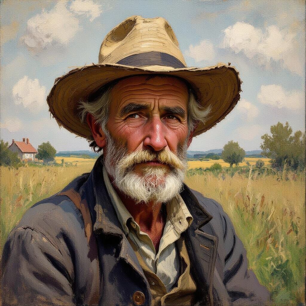 Wise Old Man with Straw Hat in Impressionist Style