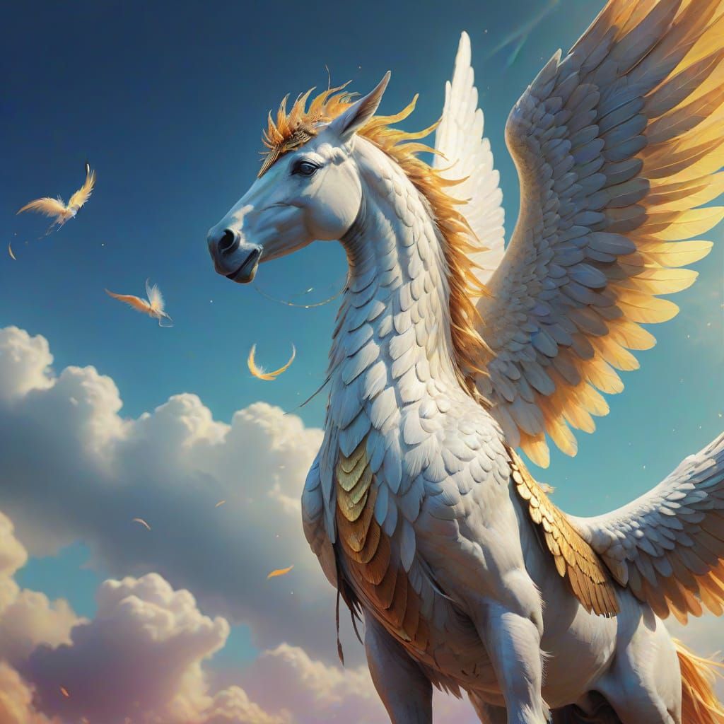 Majestic Pegasus with Iridescent Wings: Oil Painting