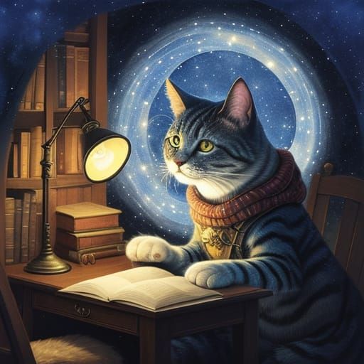 Magical Cat Wizard Stargazing in Cozy Library