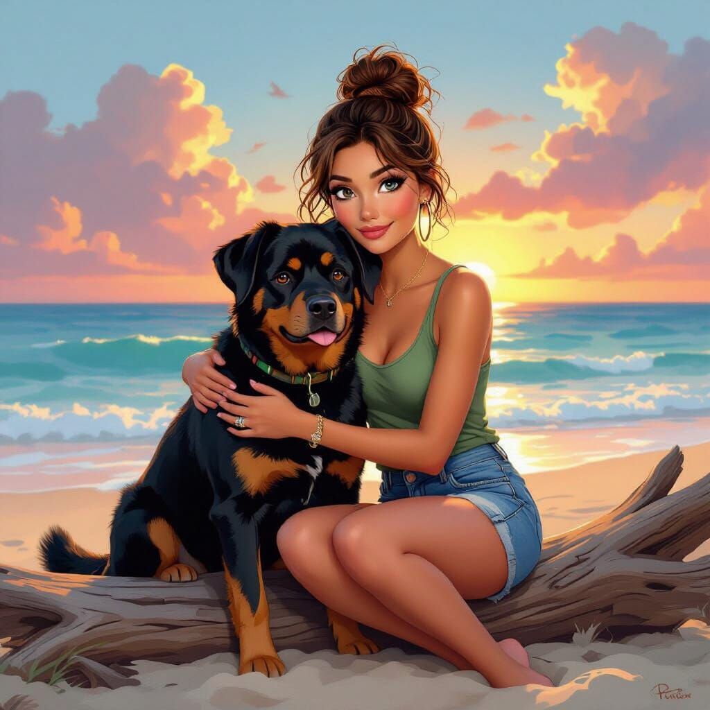 Woman and Dog on Beach in Disney Pixar Style