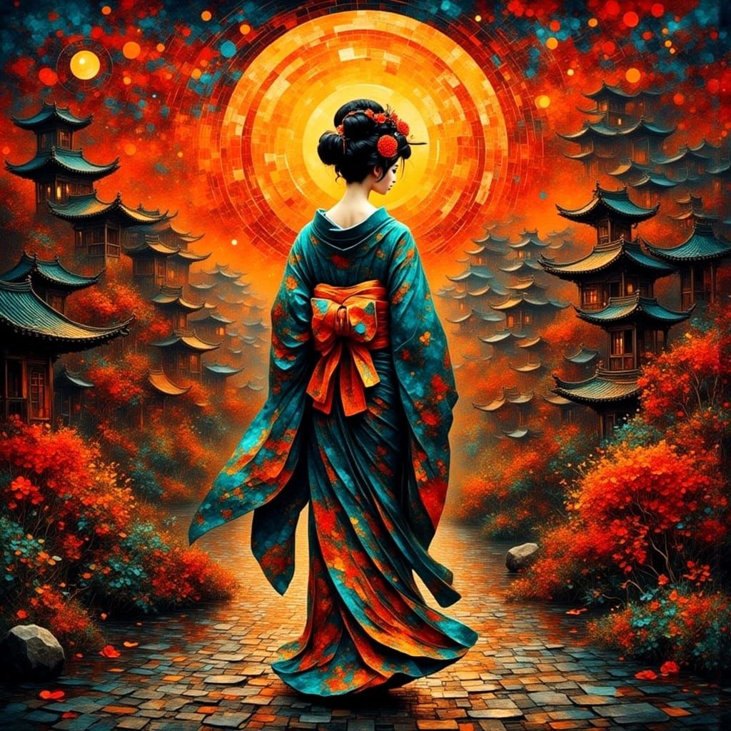 Cyberpunk Geisha in Diamond and Sunshine Hues