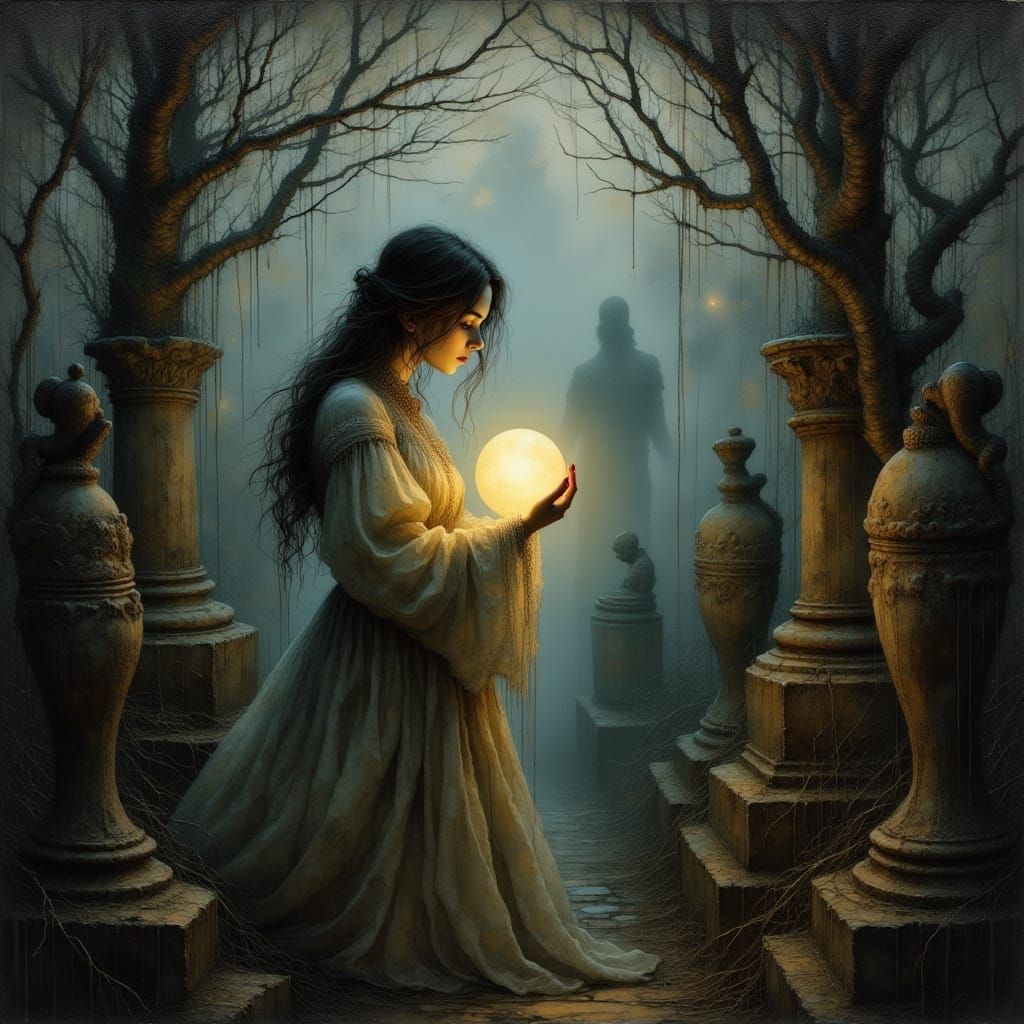 Woman with Orb in Misty Twilight Garden