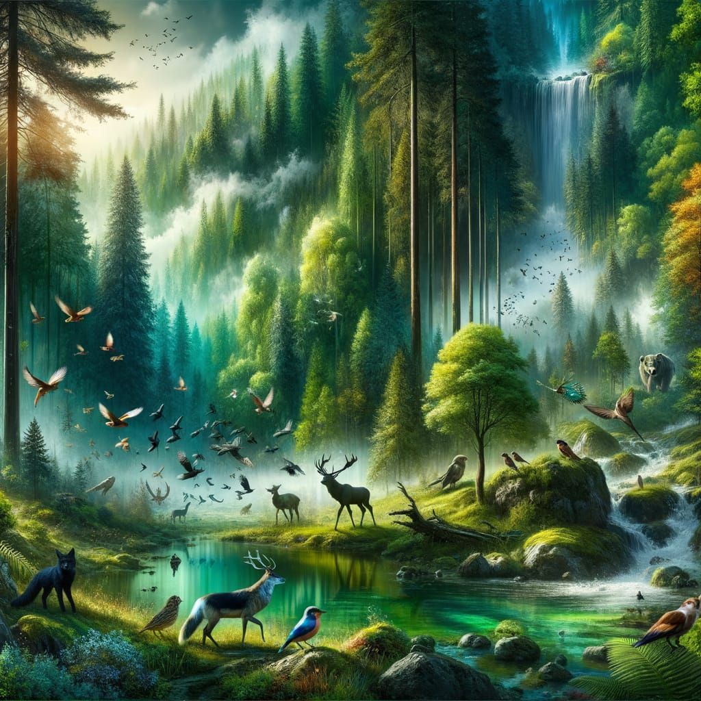 Ethereal Forest Scene with Deer and Wolf