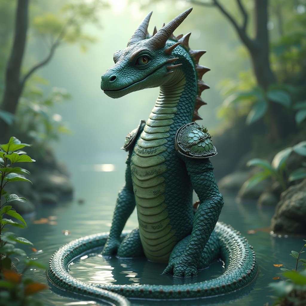 Serene Serpent Warrior in Lush Lake Landscape
