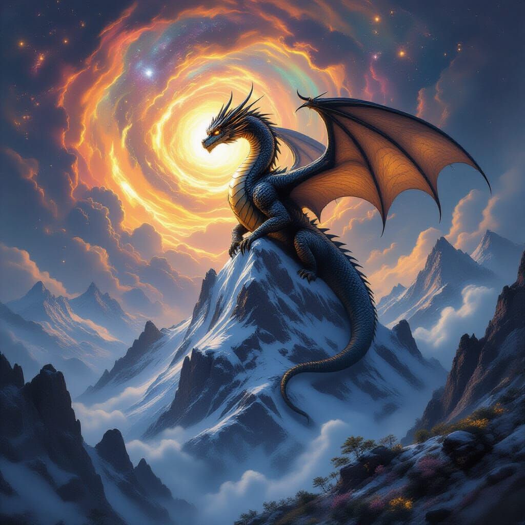 Majestic Ancient Dragon on Cosmic Mountain Peak