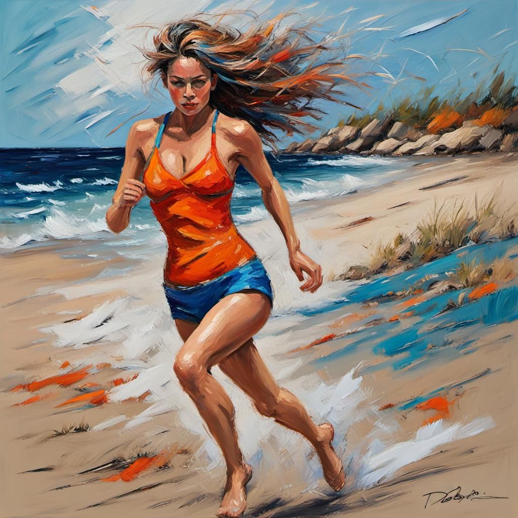 Expressive Beach Runner in Vibrant Impasto Style