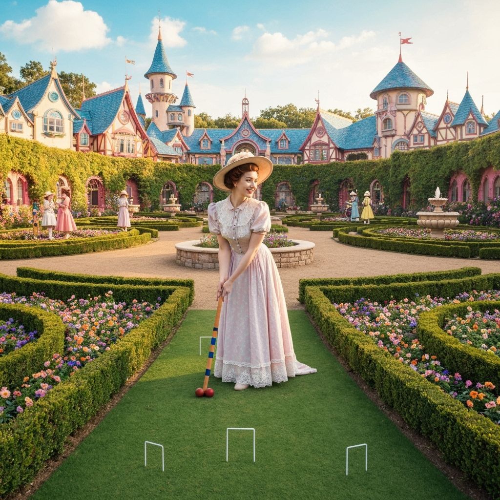 Elegant Woman Plays Croquet in Whimsical Garden