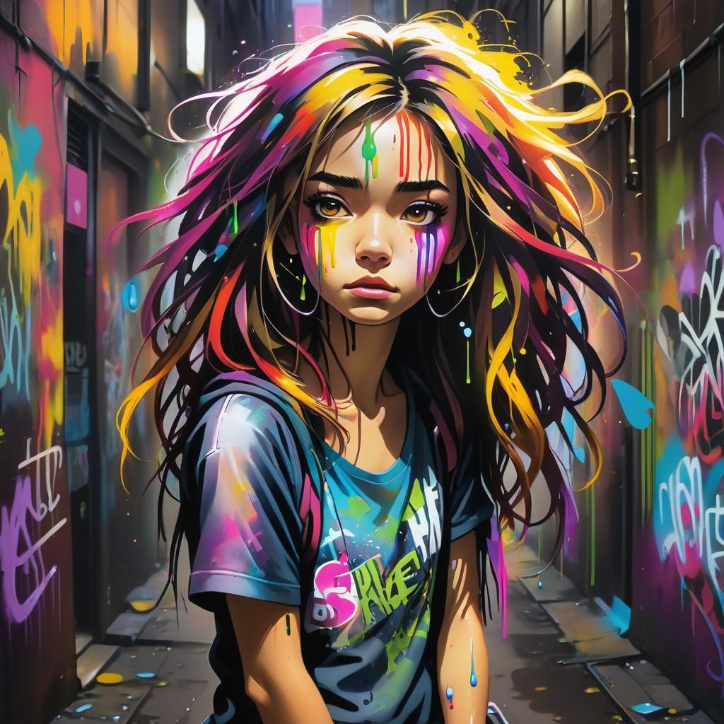 Sad Girl in Alleyway: Graffiti Art Portrait