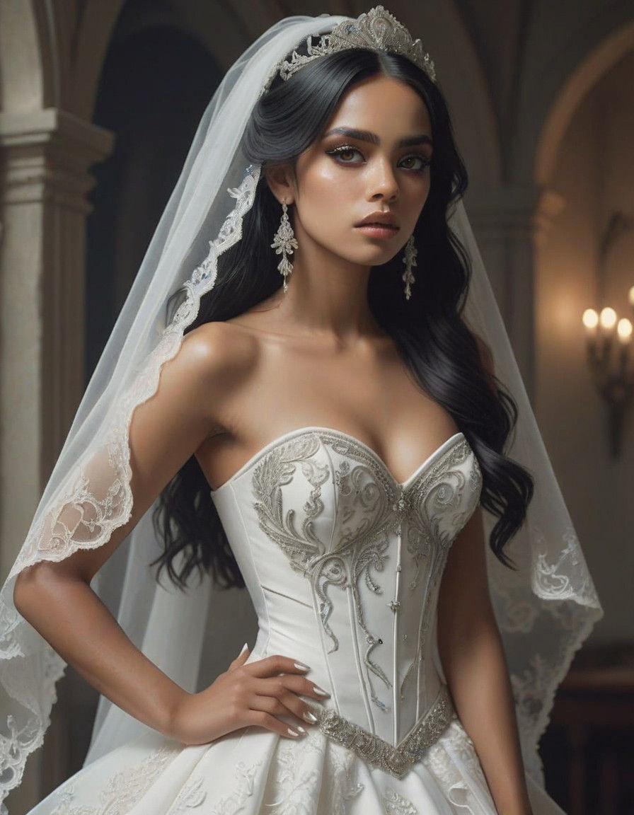Gothic Princess Bride in Exquisite White Wedding Attire