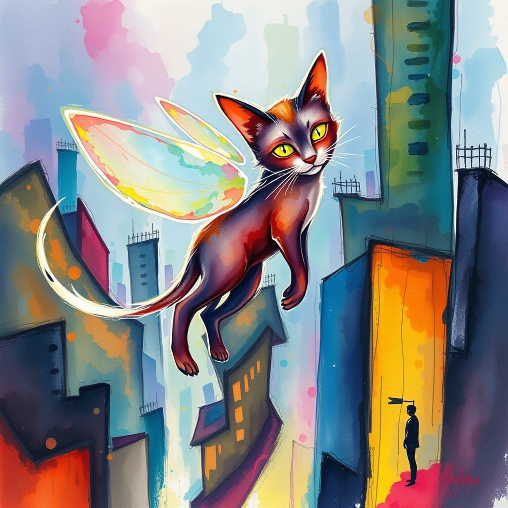 Ethereal Fairy Cat in Abstract Expressionist Cityscape
