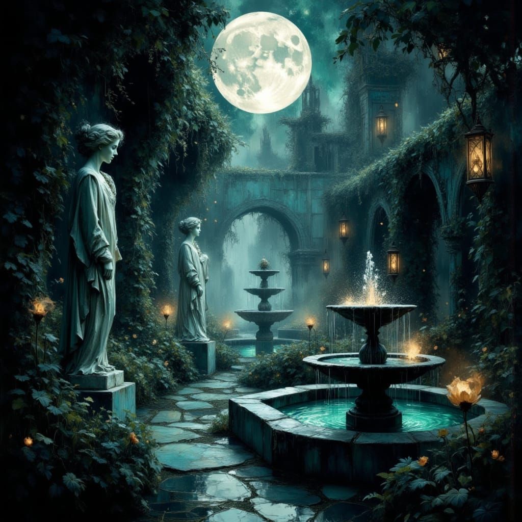 Moonlit Garden of Ethereal Marble Statues