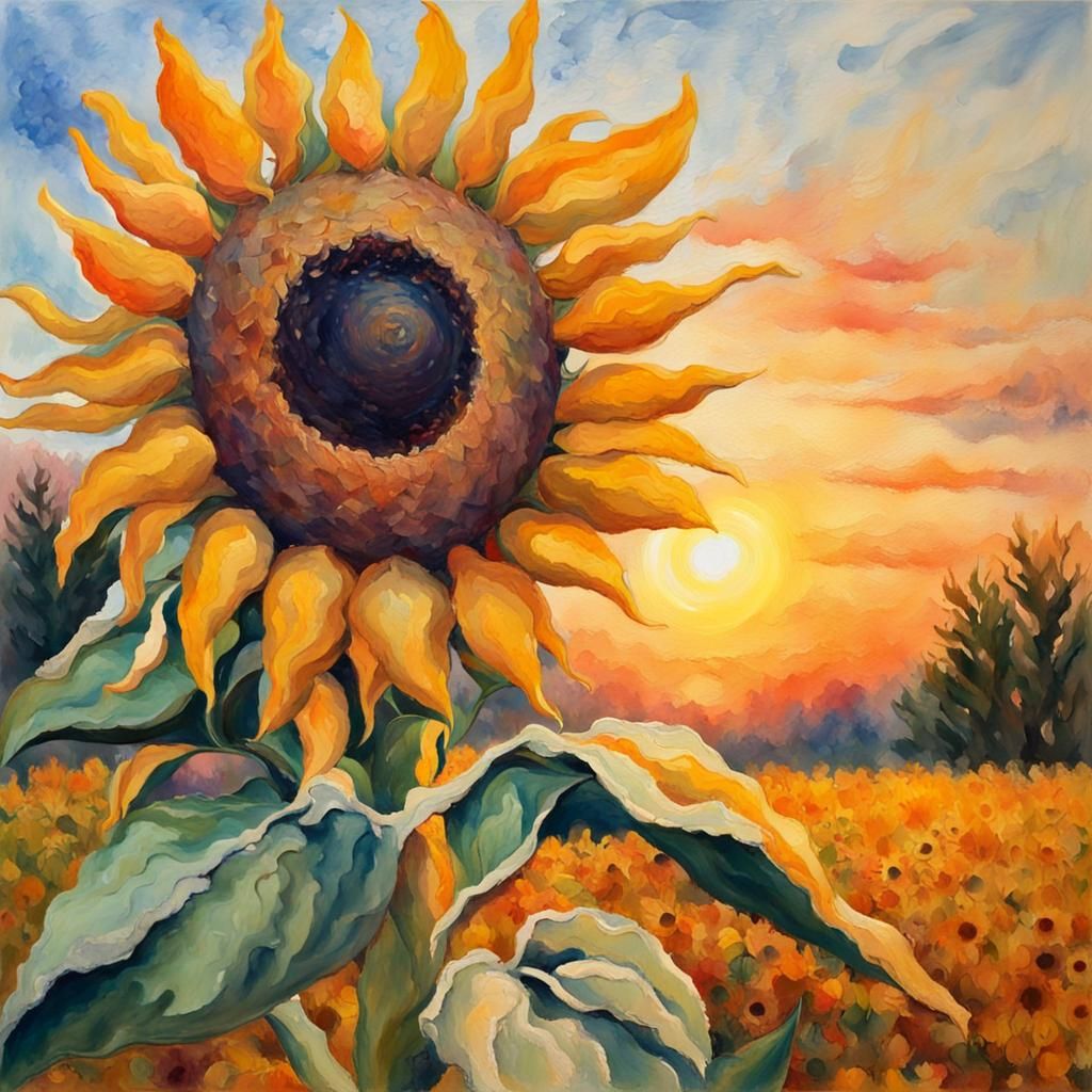 Sunflower Impressionist Gouache Painting with Thick Brushstr...