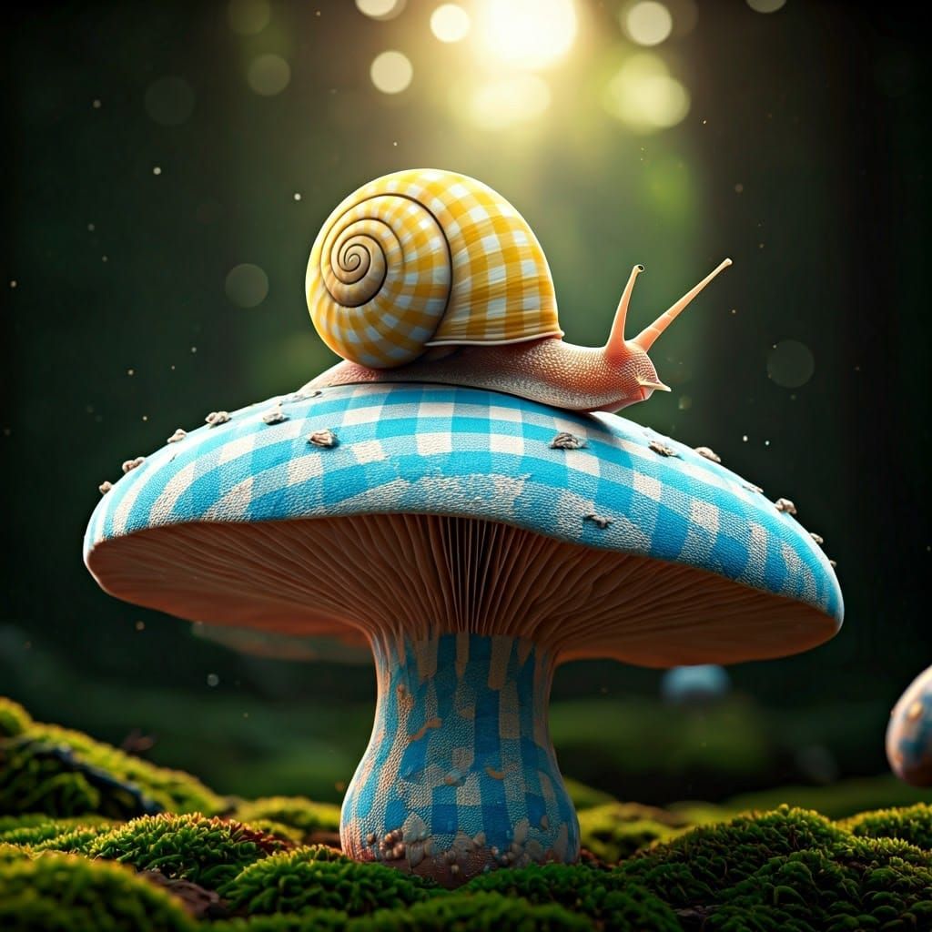 Gingham Snail Adorns Majestic Blue and White Mushroom
