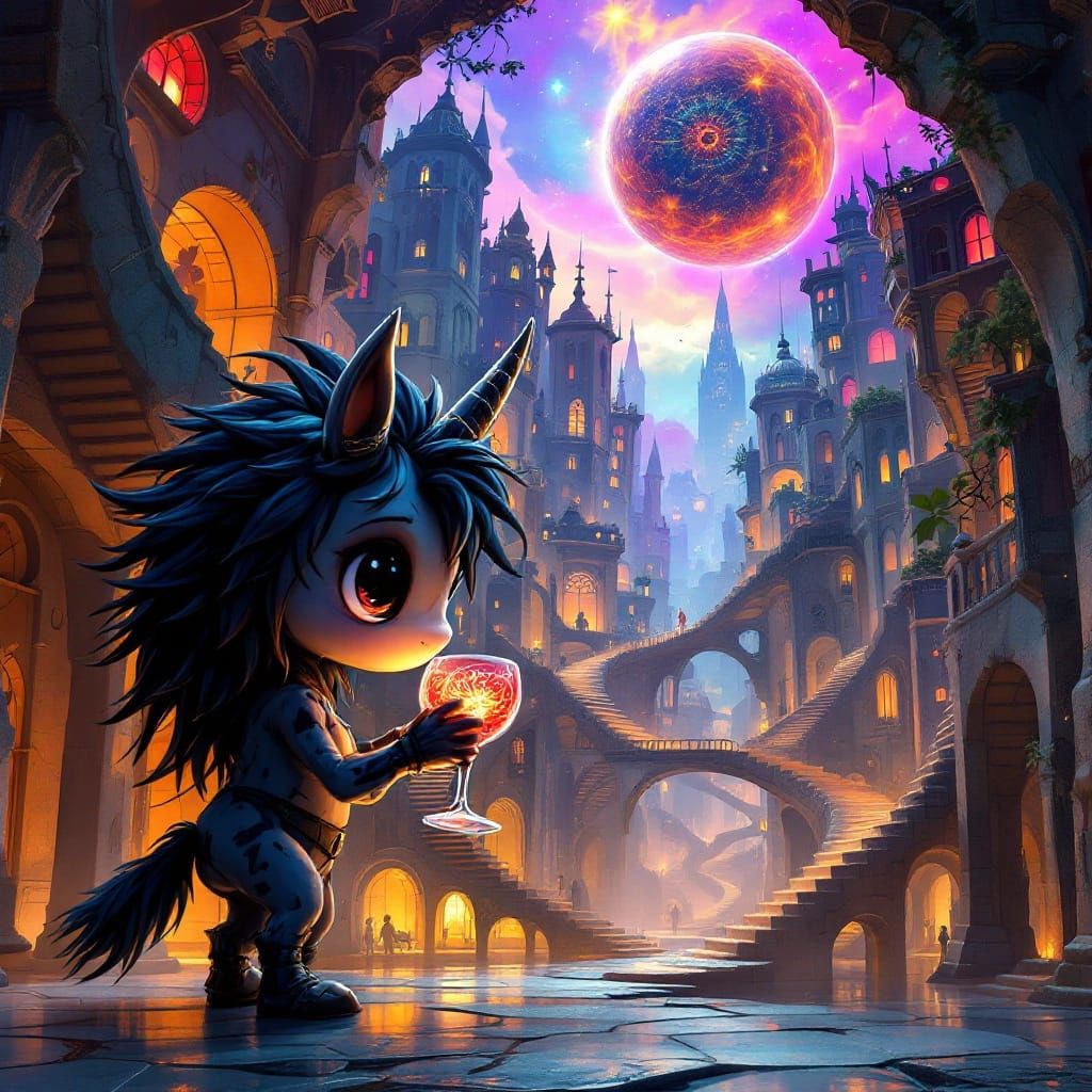 Chibi Centaur in Escher-Inspired City with Wine Glass