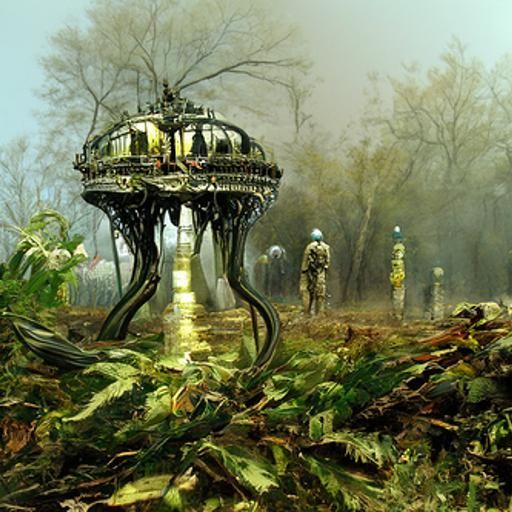 Mechanical Alien Temple in Jungle, Steampunk Biopunk