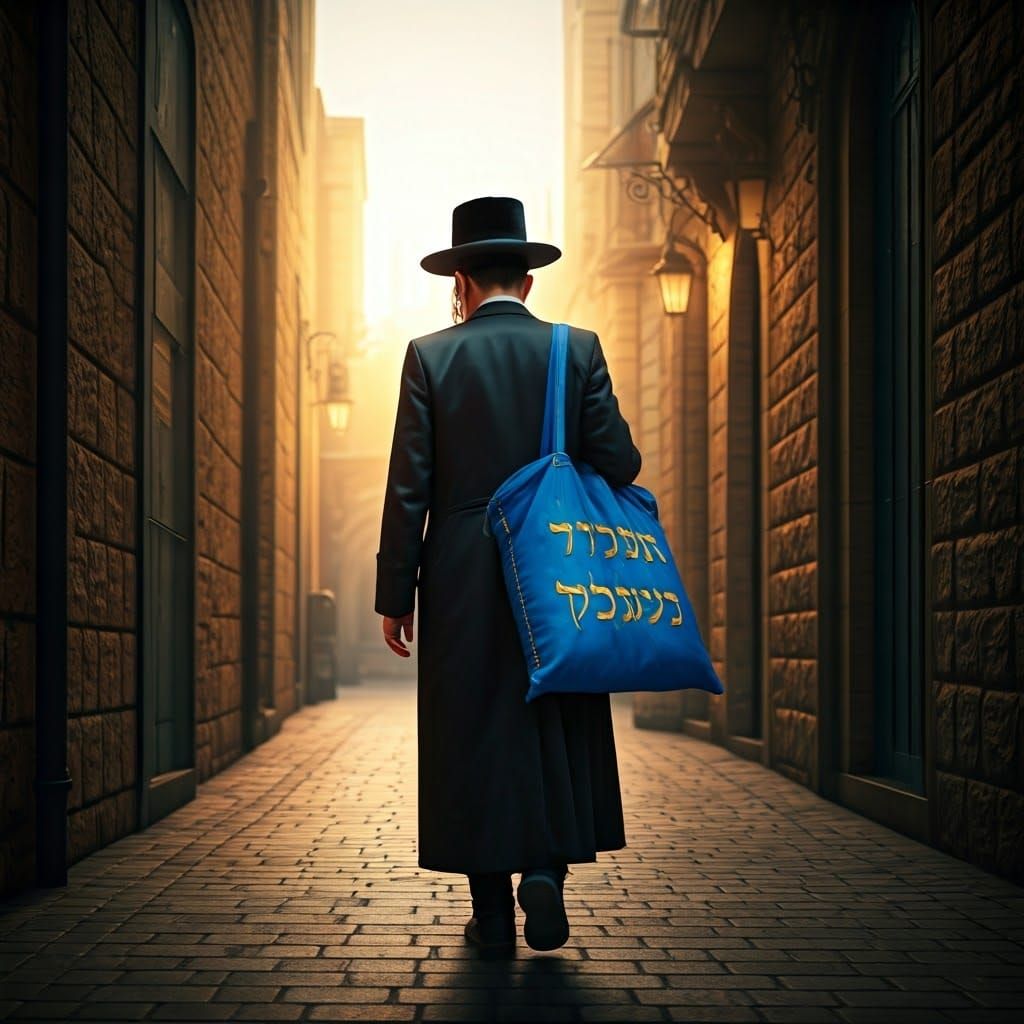 Hassidic Man with Embroidered Bag in Misty Street