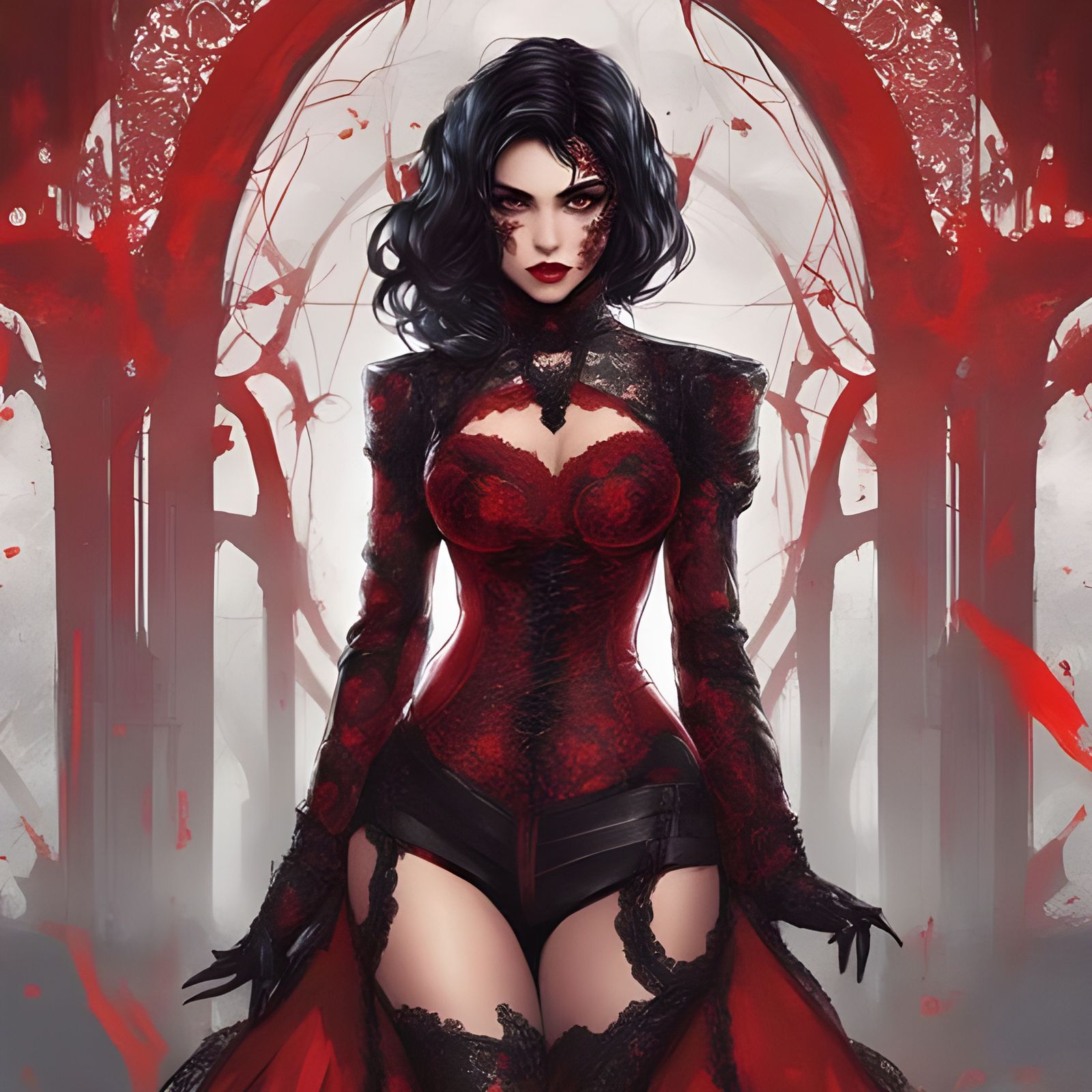 Futuristic Persian Woman in Red Lace Lingerie Portrait