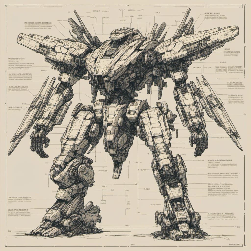 Intricate Line Art Diagram of a Mecha Design