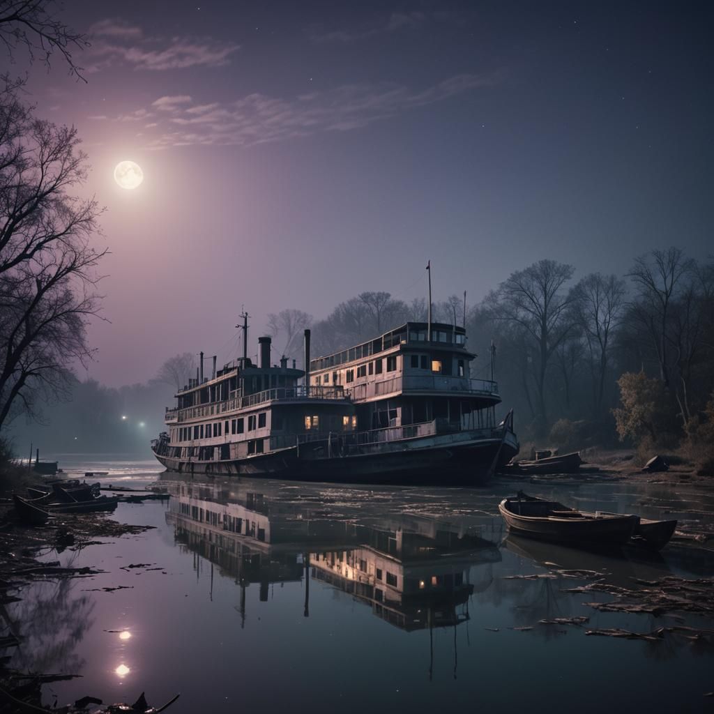 Haunted Riverboat on Moonlit Water