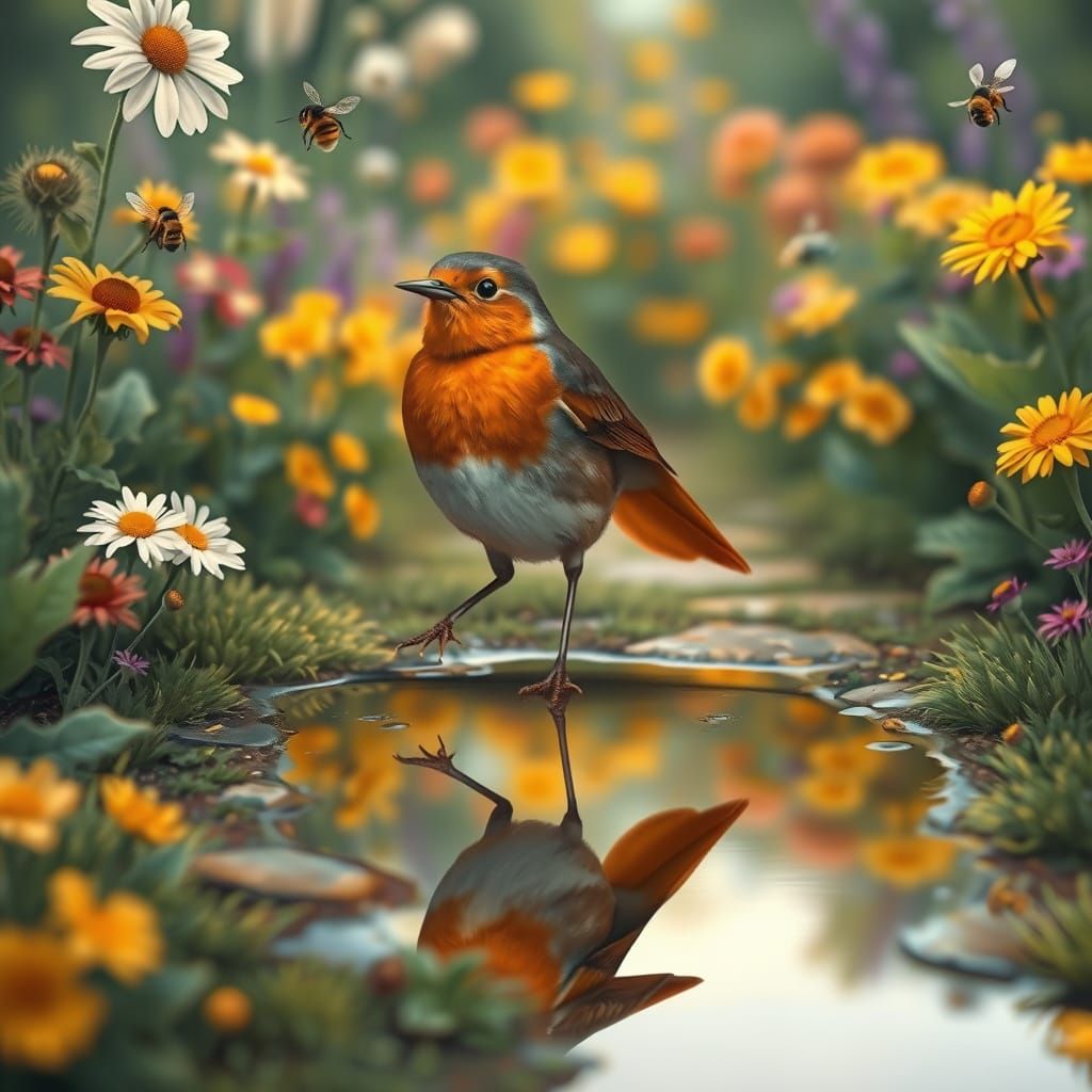 Robin on Garden Path with Superhero Reflection