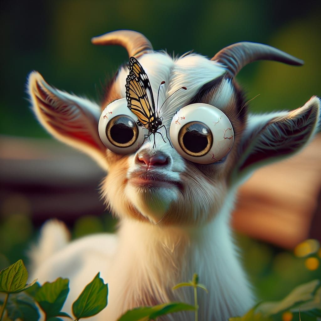 Startled Goat with Butterfly: A Cartoon Illustration