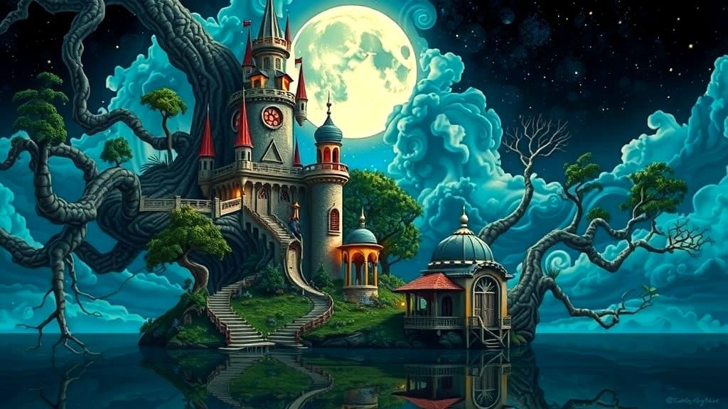 Surreal Castle Scene Under Celestial Swirls