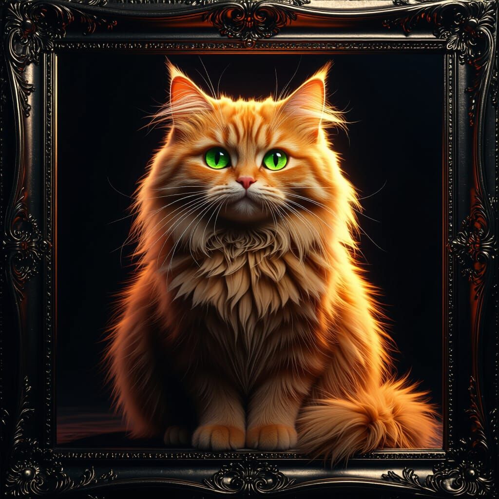 Fluffy Orange Cat in Ornate Frame 3D Render