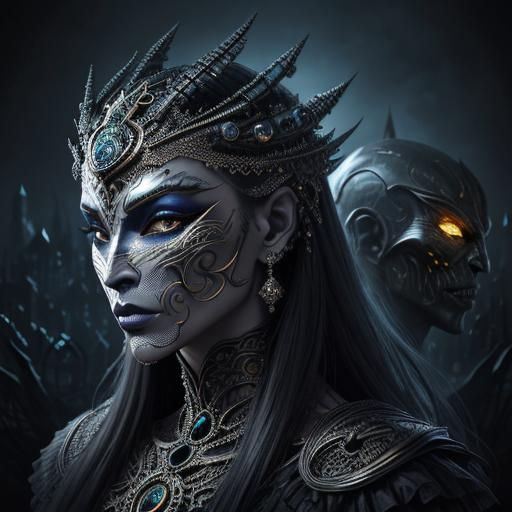 A humanoid alien encounters the world's most beautiful woman, who is adorned with an intricate and stunning filigree sin...