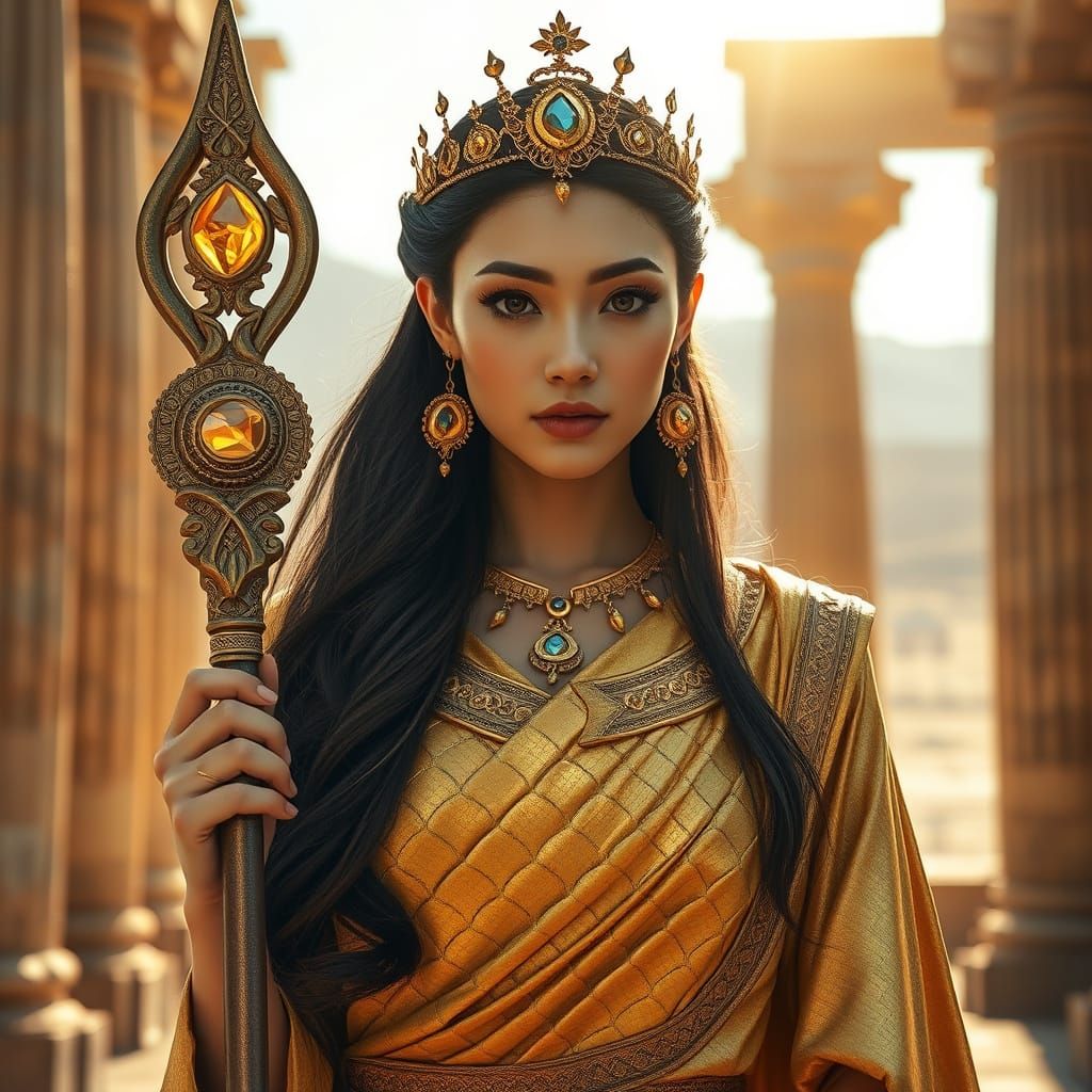 Regal Figure in Golden Scales Before Ancient Ruins