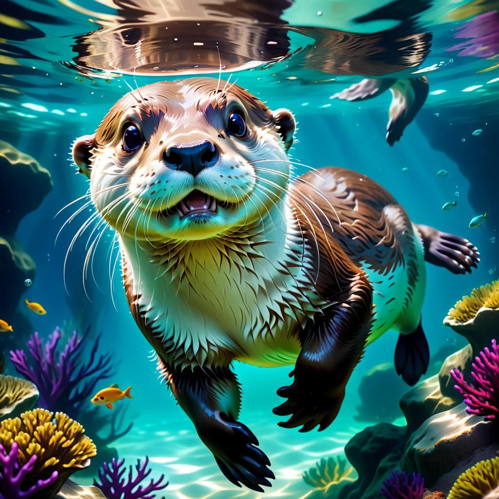 Hyperrealistic Underwater Otter Girl Portrait