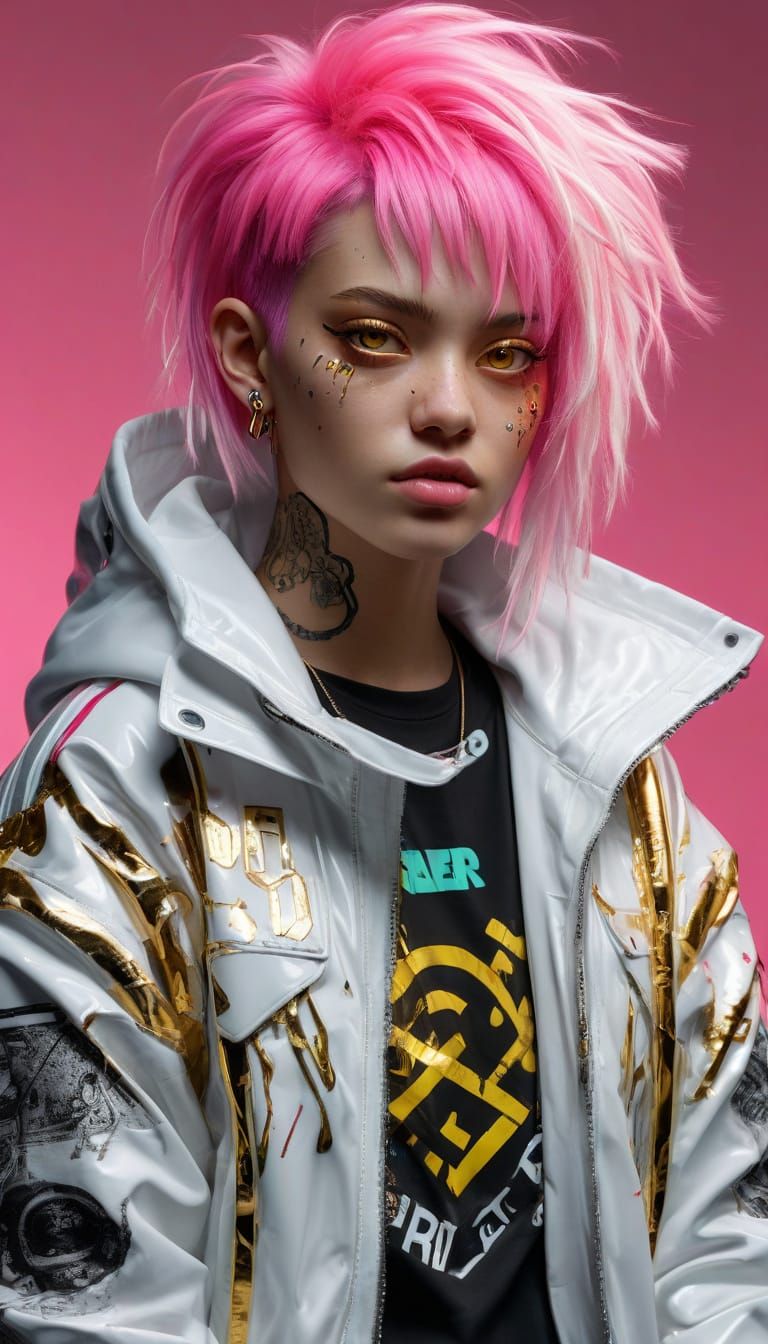 Cyberpunk Portrait with Neon Hair and Metallic Eyes