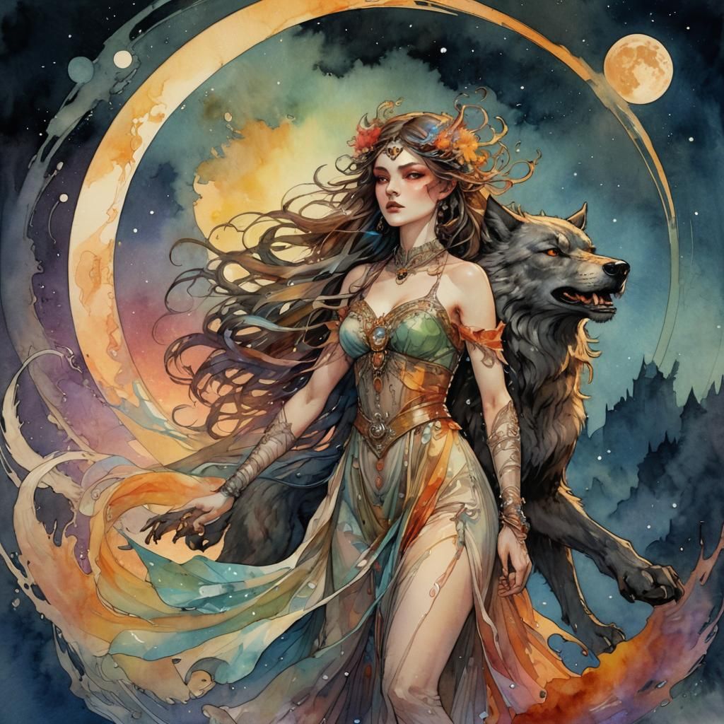 Werewolf and Moon Maiden in Art Nouveau Style