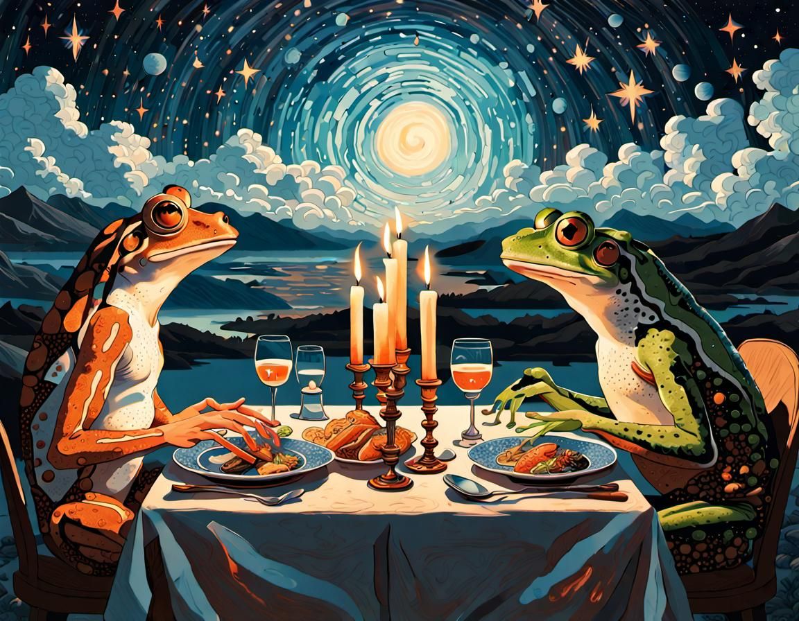 Romantic Candlelit Dinner with Frog Under Starry Sky
