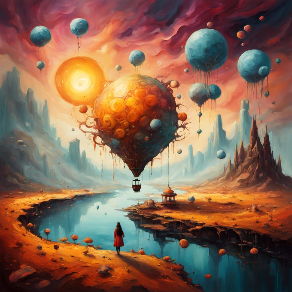 Woman in a Dreamlike World with Melting Clockwork Machinery