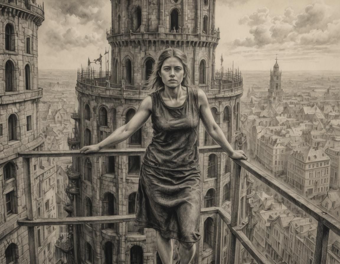 Girl on Eiffel Tower: Hyperdetailed Charcoal Drawing