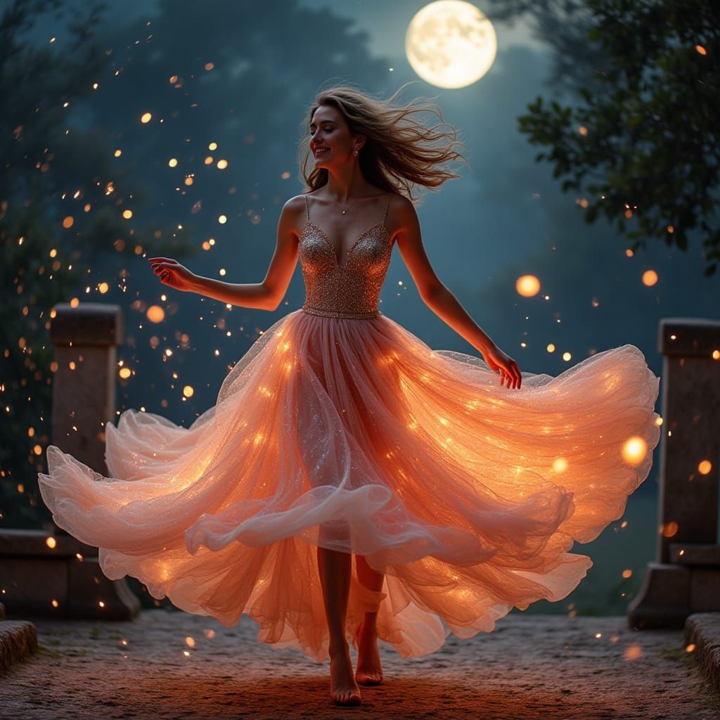 Iridescent Dancer on Stone Platform Under Moonlight