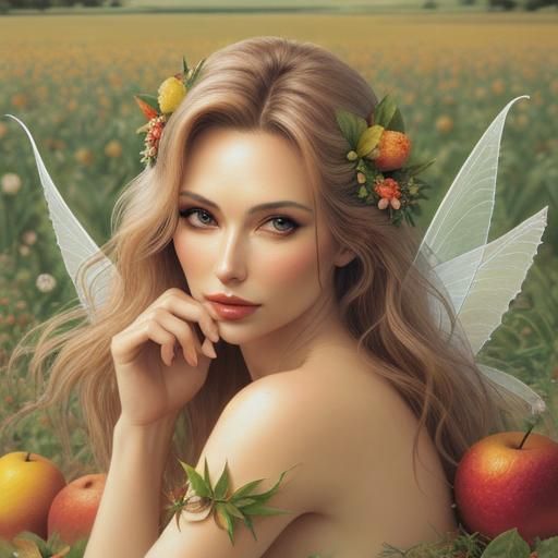 Sensual Naturist Fairy in Fruit Field, Pencil Art